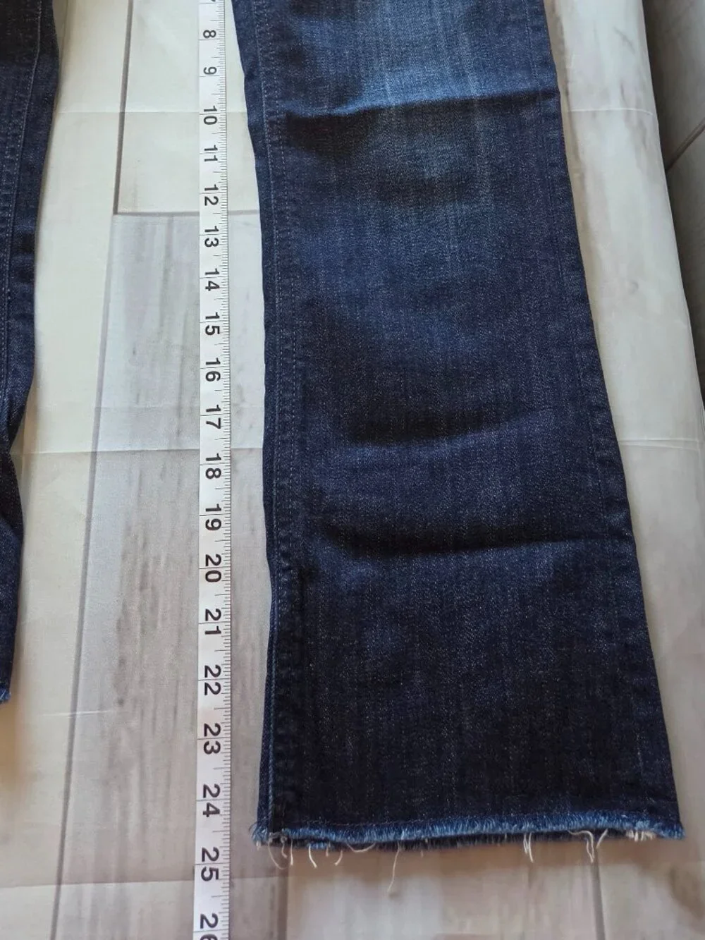 J. Crew 9” Demi-Boot Crop Jeans Women’s 26, Dark wash with frayed raw hem.